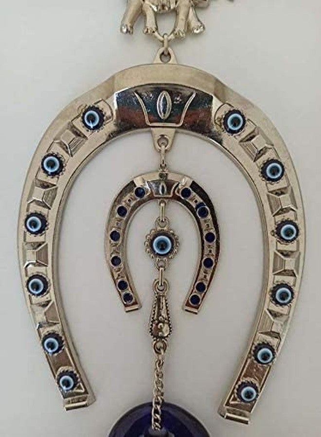 Erbulus Turkish Silver Horse Shoe Blue Evil Eye Hanging Ornament with Elephant - Home Entrance Protection Amulet for Good Luck & Prosperity - Main Door & Wall Decor (Large) - Image 5